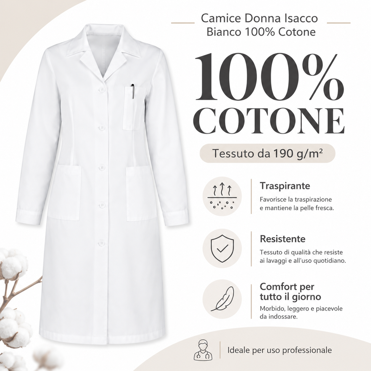 Camice Donna Isacco Bianco 100% Cotone