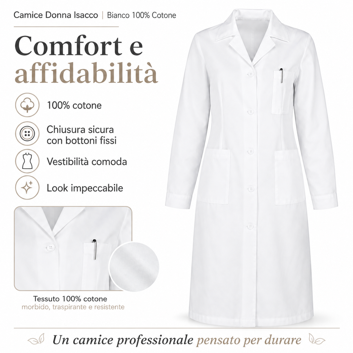 Camice Donna Isacco Bianco 100% Cotone