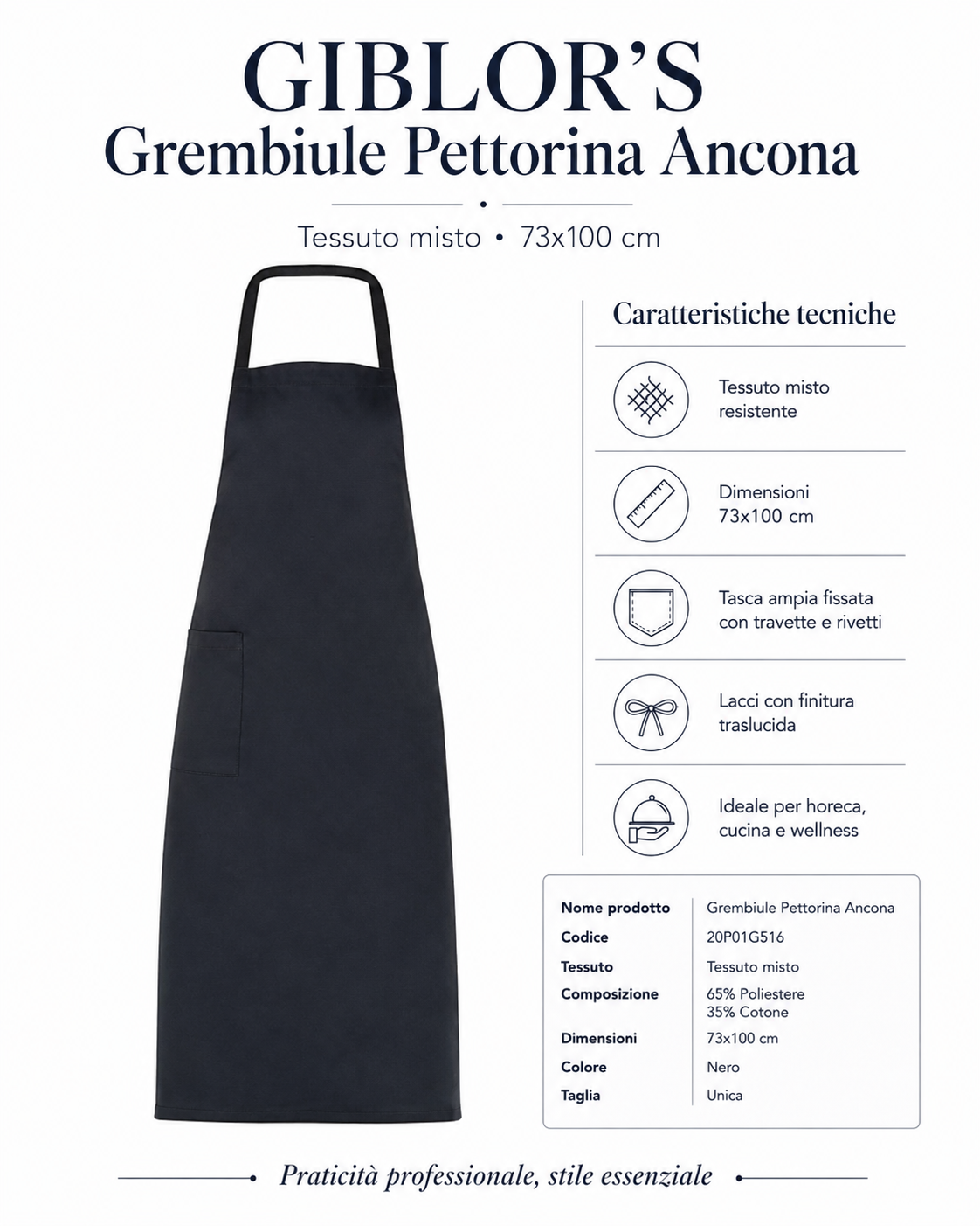 GIBLOR'S Grembiule Pettorina Ancona in Tessuto Misto