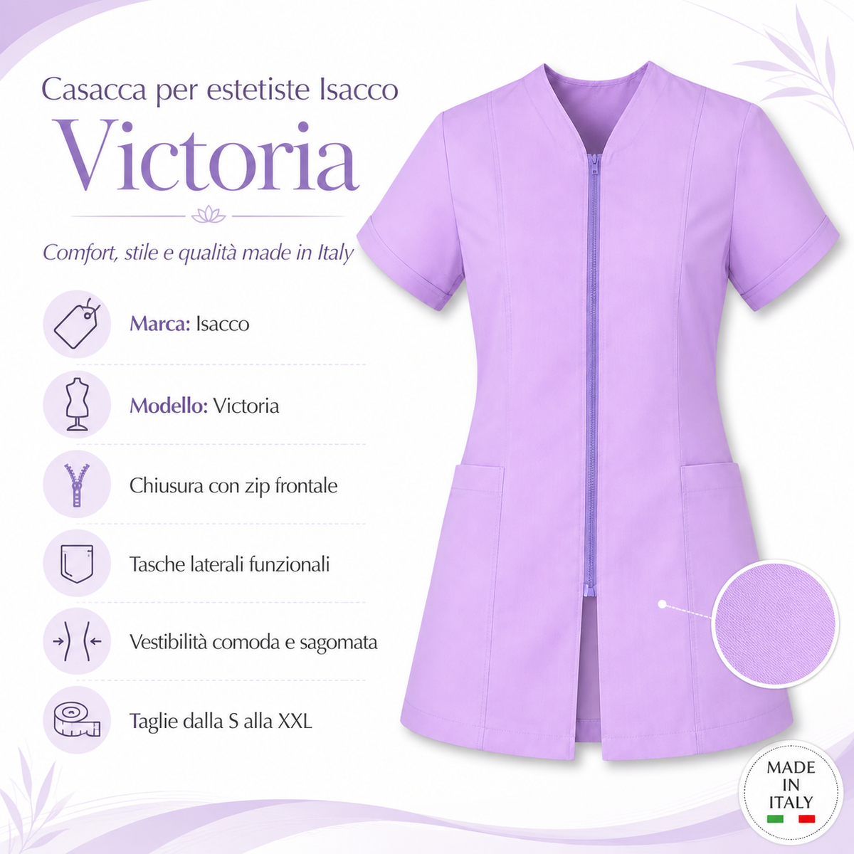 Casacca Professionale per Estetiste Isacco Modello Victoria – Zip Frontale, S-XXL